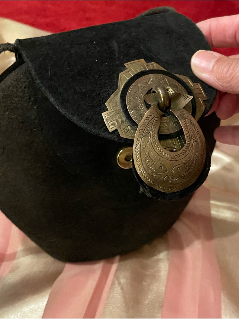 John Michael Richardson Black Suede Barrel Purse Copper Statement Hardware